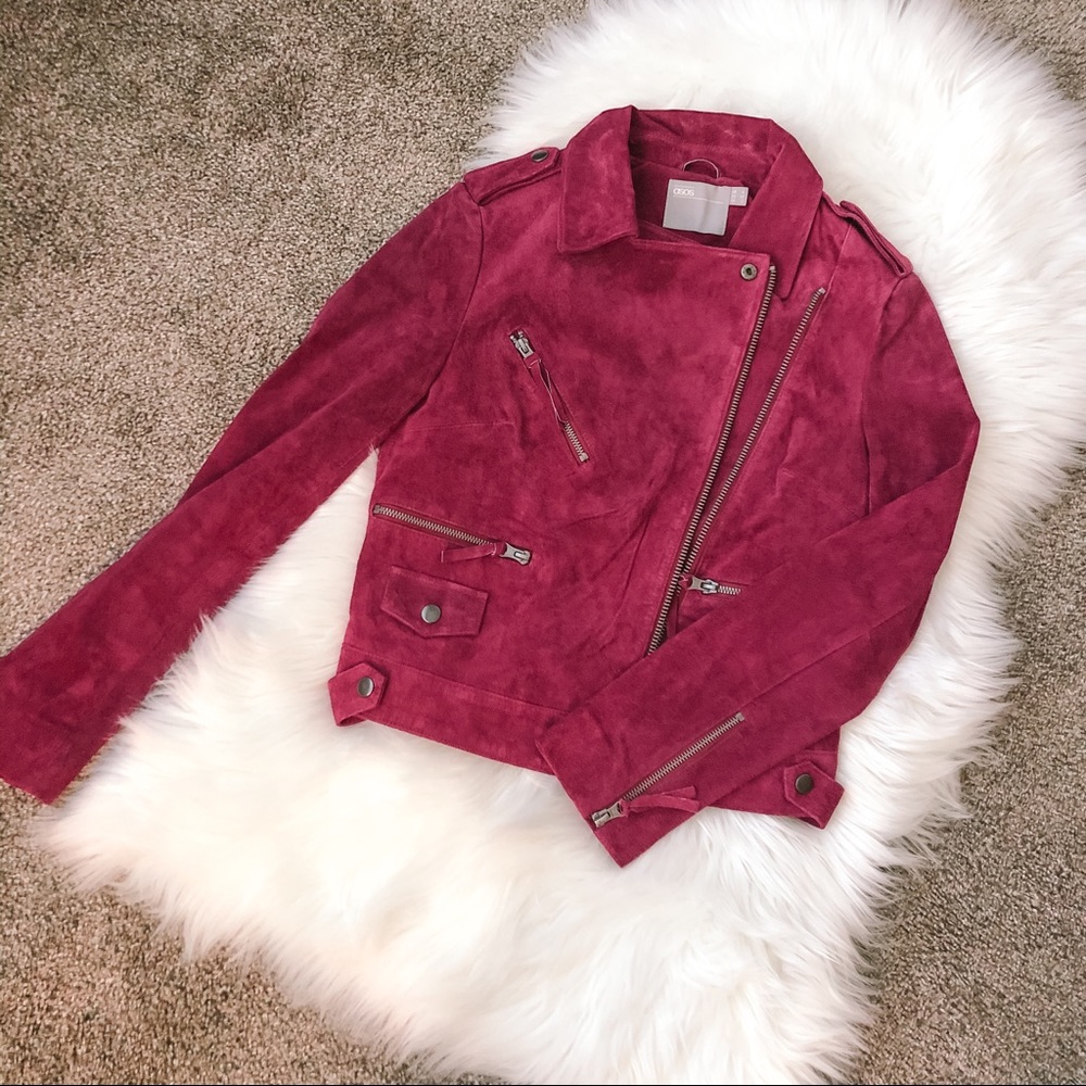 Real leather (suede) berry toned jacket from ASOS.